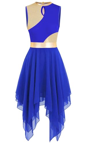 ELLYDOOR Praise Dance Tunic Dresses for Women Sleeveless Gold Color Block Irregular Flowy Skirt Liturgical Worship Lyrical Dance Costume Royal Blue, Tag XL