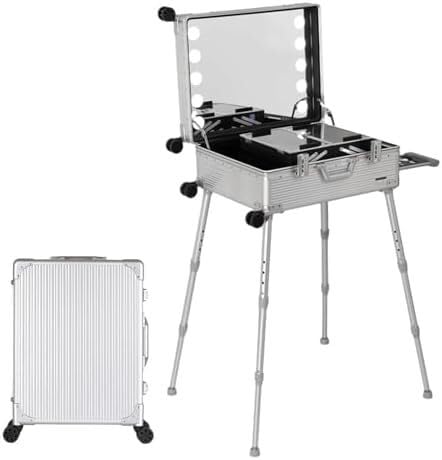 FHSLKXIM Valise De Maquillage À roulettes en Aluminium avec Éclairage LED, Valise De Maquillage Professionnelle avec Support Et Éclairage Intégré, Rayures Argentées, 61 Cm (24 Pouces).