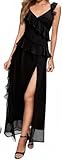 Women's Elegant Fit Maxi Party Dress 2026, Ruffle Spaghetti Strap Formal Dress Side Slit Wedding Guest Evening Cocktail (US, Alpha, Medium, Regular, Tall, Black)
