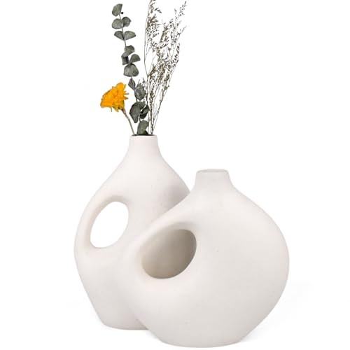 aiskding Juego de 2 jarrones de cerámica, color blanco mate, flores secas, adornos para mantel con hierba de las Pampas, decoración del hogar