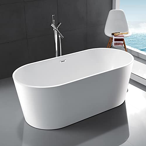 Freestanding Bathtub, 100% Acrylic Contemporary Soaking Tub With Brushed Nickel Overflow And Drain (59", White) #TOP2
