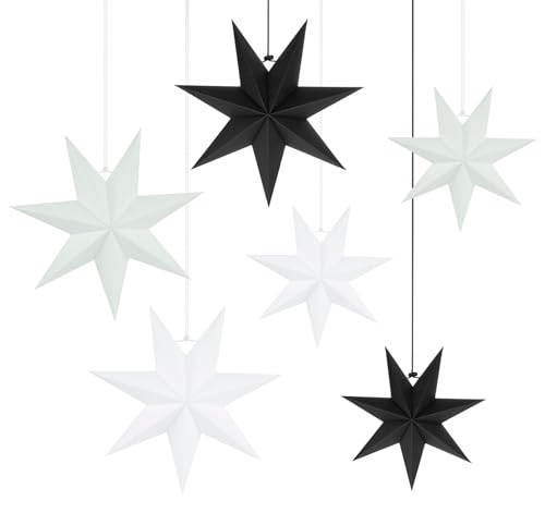 Mocraft Paper Stars Decorations, 6 Pcs Hanging Christmas Decorations, 7-Pointed Stars in Different Sizes, Black and White Christmas Decorations for Wedding Home Party