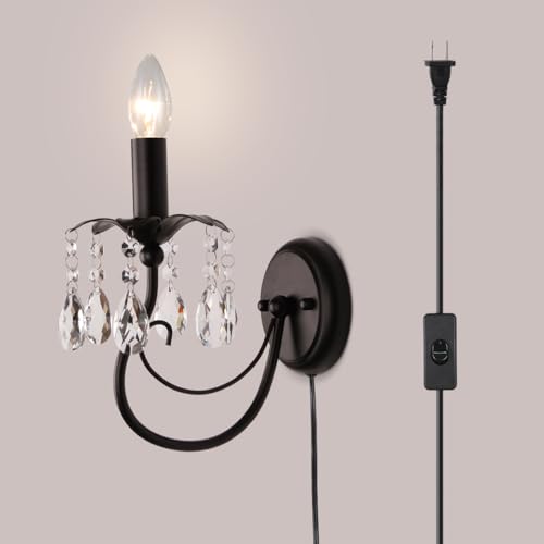 Image of Black Wall Sconces,Vintage Crystal Wall Sconce Wall Light Fixtures,Farmhouse Candle Wall Sconce Indoor Bedside Mid Century for Bathroom Bedroom Living Room Hallway Entryway Stairs