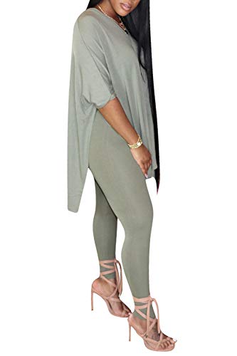 Women 2 Piece Outfit Sets Casual Oversized V Neck T-Shirt Tops Bodycon Long Pants Workout Sports Tracksuit (Light Green, L)