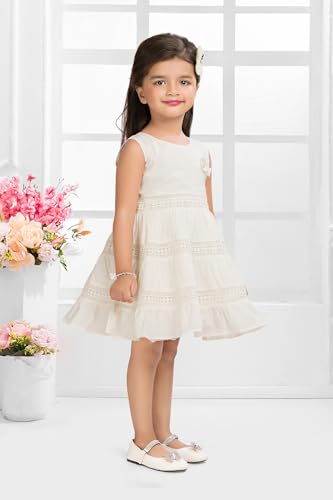 Image of Soft Cotton Lace Work Knee Length Fit & Flare Dress for Kids & Girls, Flower Embellished Frock for Casual & Special Occasion