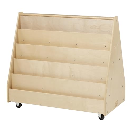 Image of Back2School Express 5-Tier Mobile Double-Sided Book Shelf, Rolling Book Display with Wheels, Classroom & Daycare Storage, Natural Birch