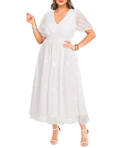 Image of Pinup Fashion Plus Size Wedding Guest Chiffon Semi Formal Maxi Dress | Chiffon, V-neckline, short sleeves, shirred waist, textured floral pattern, maxi length, versatile for all seasons