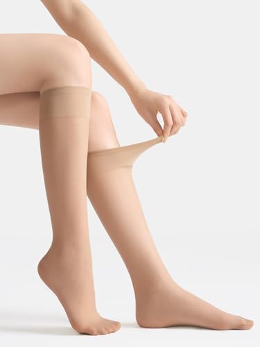 Image of leg elegant Sheer Knee High Stockings for Women, 6 Pairs Knee High Transparent Toes Nylons Pantyhose for Women