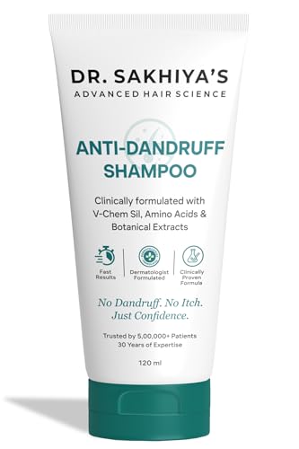 Image of Dr. Sakhiya's Anti-Dandruff Shampoo with V-Chem Sil & Amino Acids (120ml) - Dermatologist Formulated for Itchy Scalp Relief | Paraben-Free | Contains Botanical Extracts | For Men & Women (Pack of 1)