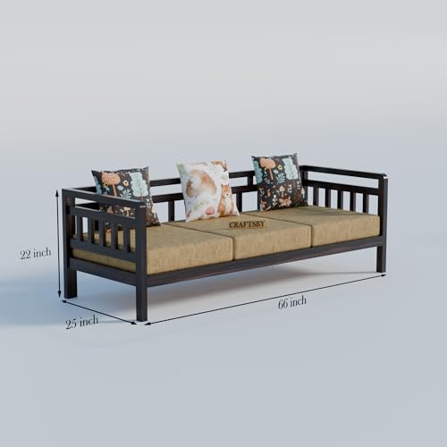 Image of Solid Sheesham Wood 5 Seater Sofa Set Without Centre Table for Living Room | Wooden 3+1+1 Five Seater Sofa Set with 5 Cushions | Modern Sofa Set for Home, Office & Lounge|Cream, Walnut Finish