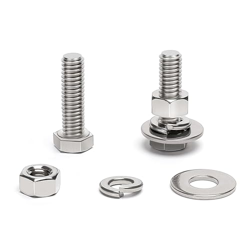(11 Sets) 3/8-16 x 1-1/4" Hex Head Screw Bolt, Nuts, Flat Washer &amp; Spring Lock Washers, 18-8 (304) Stainless Steel, Fully Threaded, by Skvltvfyt