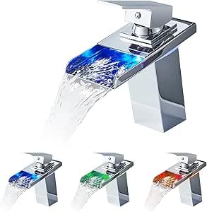 Grifo de baño con luces LED, color negro, grifo de cascada, grifo de lavabo de 3 colores, grifo de agua caliente y fría, grifo monomando moderno para baño (tubos de 60 cm incluidos)