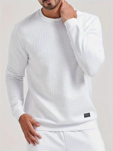 Image of KAJARU Quilted Pattern Long Sleeve Sweatshirt, Round Neck, Men's Casual Pullover, Grey, Black, Beige