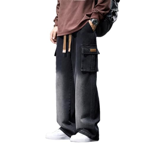 Men Wide Leg Washing Jean Pants Trousers Neutral Solid Color Loose Casual Pocket Cargo Pants