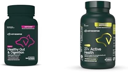 VetriScience Pet Health Bundle: Healthy Gut & Digestion Capsules (120 Count) + 27+ Active Health Daily Multivitamin Duck Chewable Tablets (90 Count) for Dogs and Cats