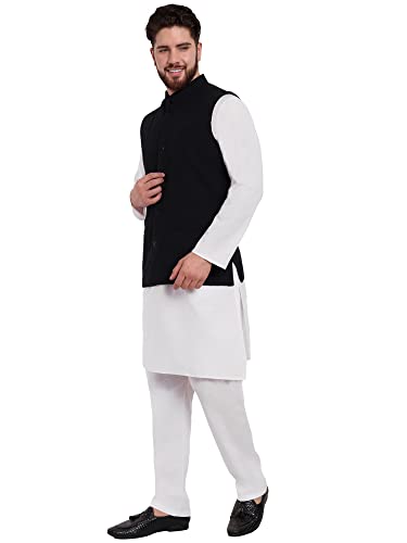 SKAVIJ Mens Classic Nehru Jacket Plain Handmade Cotton Solid Design Hip length Kurta Pajama With Waistcoat4