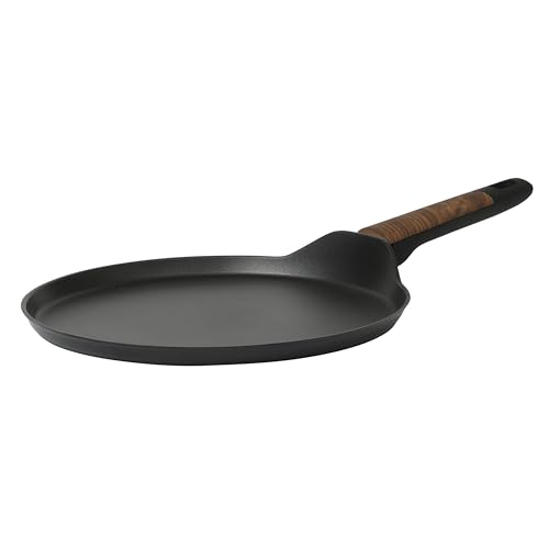 Oster Platinum Oxburg 11 Inch Frying Pan/Comal/Flat Pancake Pan Forged Aluminum PFA Free Non-toxic Premium Ceramic Non Stick Interior Skillet, Kitchen Egg Pan, Omelet Pan - Black w/Wood Handles