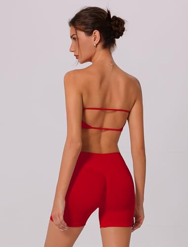 ABOCIW Workout Sets for Women Backless Bandeau Sports Bra Seamless Scunch Butt Lifting High Waist Biker Shorts Gym Set3