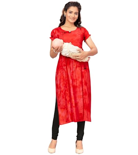 Image of RITIJYA Maternitywear Rayon Tiedie Straight Feeding Kurtis for Women with Zip | Maternity Dress for Nursing & Pregnancy (9207 46,Tomato Red)