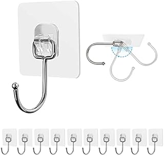 Large Adhesive Hooks 33lbs/15kg(Max),Wall Hooks for Kitchen, Bathroom,Entryway,PantryMultifunctional Transparent Wall Hooks Heavy DutyWaterproof and Oilproof Hanging Hooks (10 Pack)