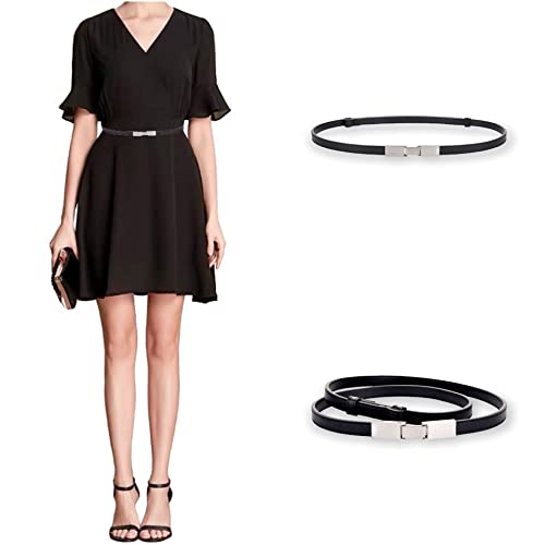 Women's Belts Skinny Soft Genuine Leather Belts Adjustable Slim Waist Belt Silver Metallic Plaque Buckle Waistband