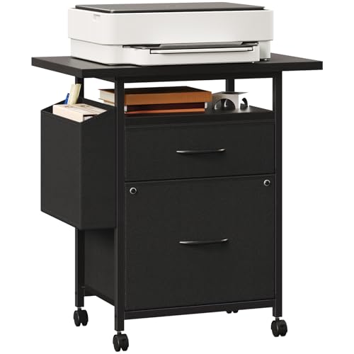 Image of Simple Deluxe 2 Drawer File Cabinet with 24 inch Extended Desktop, Mobile Filing Cabinet, Rolling File Cabinet with Side Bag, Fabric Drawer, Fits A4 /Letter Size, Printer Stand Home Office, Black