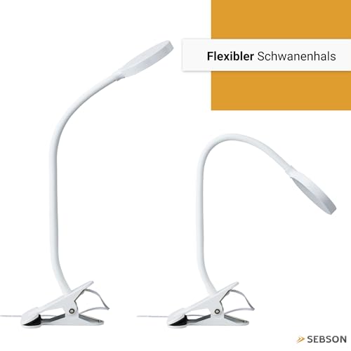 SEBSON LED Klemmlampe Bett 4W - dimmbare Leselampe mit schwenkbaren Leuchtkopf, neutralweiß 4000K 300lm - Schreibtischlampe mit Kabel und Stecker