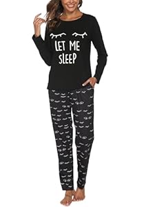 Reliwel Schlafanzug Damen Lang Baumwolle Pyjama Damen Rundhals Oberteil und Schlafanzughose Langarm Loungewear Sleepwear Hausanzug Nachtwäsche B#Schwarz, L