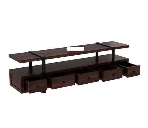 Image of Rustic Sheesham Wood & Metal TV Unit with 5 Drawers, 1 Shelf, and Storage for up to 70-inch TV - Perfect for Your Living Room (Henry, Walnut Finish)