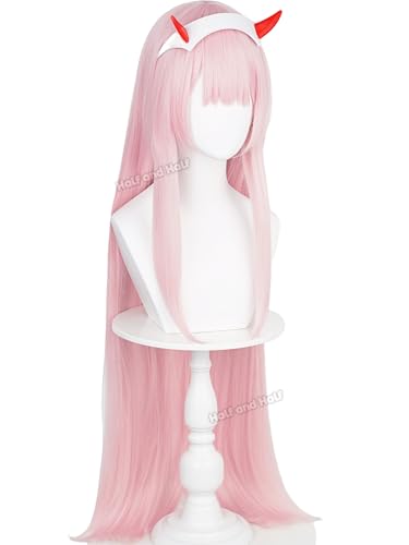 Image of Zero Two 02 Cosplay Wig & Headband 39'' Long Straight Light Pink Anime Wig | Pastel Pink Wigs with Bangs Synthetic Hair for Women Halloween Party Costumes