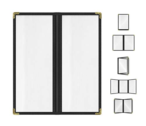 Goodsmart Restaurant Menu Covers - 25 Pack Black 2-Page/4-View 4.25" x 11", Top-Loading Vinyl Menu Holders with Clear Sleeves, Double-Stitched Edge, Leather-Style Café Covers with Gold Corners