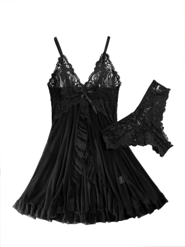 Image of Foxiny Sexy Ruffle Sheer Mesh Lace Wireless Babydoll Lingerie Dress with Thong 2 Piece