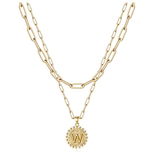 Dainty Layered Initial Necklaces for Women Girls, 14K Gold Plated Paperclip Chain Simple Cute Hexagon Letter Pendant Choker Layered Necklace