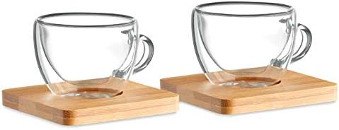 Set of 2 Double Walled Espresso Cups with Bamboo Saucer Presented in Kraft Paper Box Capacity 90ml Stylish Mugs with Bamboo Plates