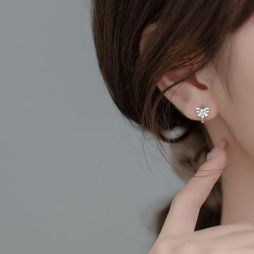 Image of Reffeer Solid 925 Sterling Silver Small Bow Hoop Earrings Huggie for Women Teens Bowknot Huggie Earrings