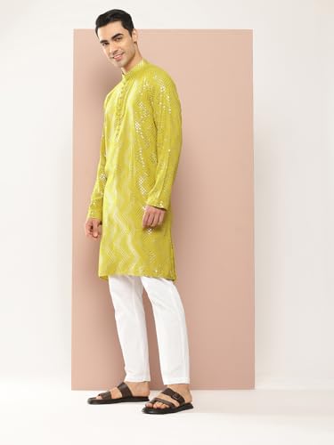 Image of See Designs Men's Long Sleeve Side Slit Chanderi Silk Sequins Mandarin Collar Kurta
