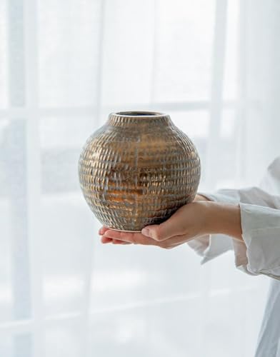 T2 Concept Stunning Bronze Metallic Ceramic Vase with Textured Ribbed