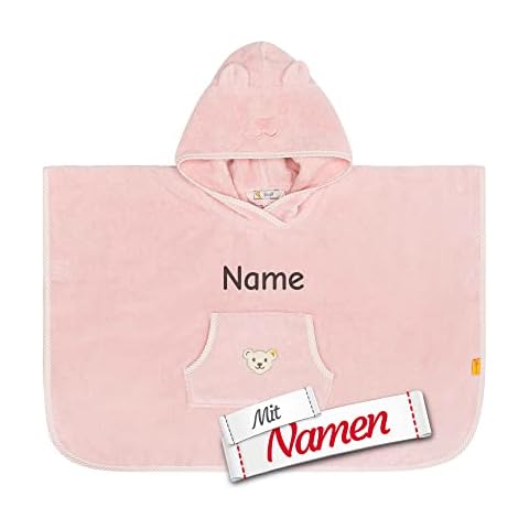 LALALO Steiff Poncho mit Namen personalisiert / bestickt für Baby & Kinder, Weiß, Badetuch, Bade-Poncho, Kapuzenbadetuch, Handtuch mit Kapuze, Bademantel Mädchen & Junge (Rosa) Cover
