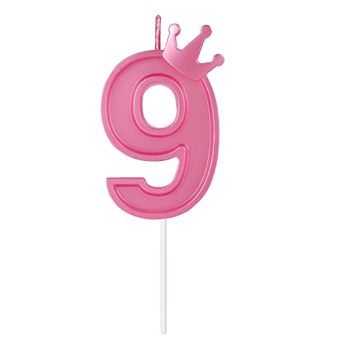 3 Inch Birthday Number Candle, 3D Number Candle With Crown Decor Large Cake Topper Number Candles For Birthday Cakes Wedding Anniversary Graduation Festival Party (Pink, 9) #TOP19