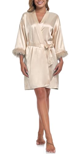 BuyChic Bata kimono de satén corto de manga de plumas para mujer para fiesta nupcial, ropa de dormir ligera, champaña, corto, talla única