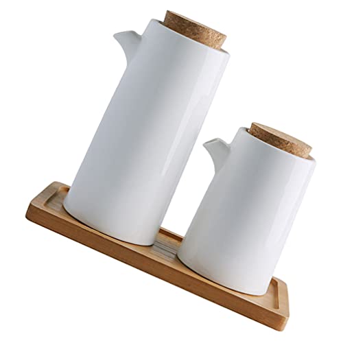 Luxshiny Ceramic Seasoning Bottle Set including Oil can and Spice Kettles on Wooden Tray Heat Resistant Sauce Dispensers for Kitchen Cooking and Table Use Easy to Clean Liquid Condiment Storage Pots - Image 2