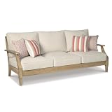 Signature Design by Ashley Clare View Outdoor Patio Sofa, 4 Throw Pillows, Nuvella Weather Resistant Fabric, Eucalyptus Wood, 81' W x 35' D x 32' H, Beige