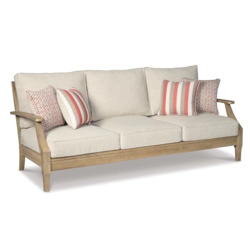 Signature Design by Ashley Clare View Outdoor Patio Sofa, 4 Throw Pillows, Nuvella Weather Resistant Fabric, Eucalyptus Wood, 81" W x 35" D x 32" H, Beige
