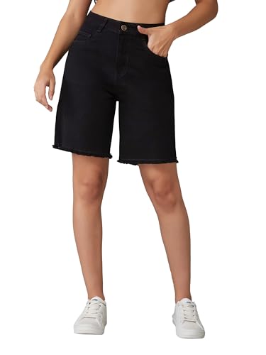 Image of Dolce Crudo Women's Relaxed Fit Mid-Rise Denim Shorts with Adjustable Waist & Frayed Hem