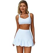 ABOCIW 2 Piece Tennis Dresses for Women High Waisted Bubble Skirt Sets V Neck Backless Sports Bra...