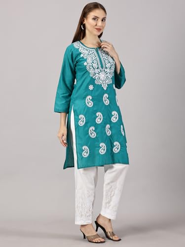 Image of FCH, Fashionable Chikan Handikraft Women's Cotton Lucknowi Chikankari Printed Straight Kurta for Regular Wear Girls Flared Kurta