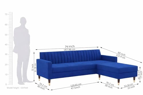 Image of Wooden L Shape Sofa 4 Seater with Ottoman | Velvet Fabric Upholstery | Modern Sectional Wooden Frame Couch for Living Room, Home & Office (Blue)