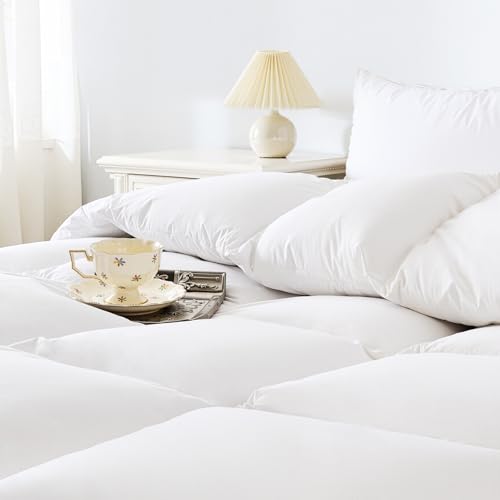 Tikuns Edredón de plumón de ganso y plumas ultrasuave, 100% algodón, edredón de plumón térmico con gran relleno, edredón para las cuatro estaciones, blanco, 220 x 240 cm