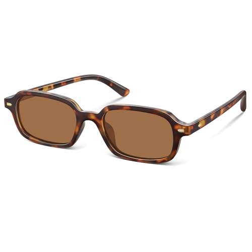 Foliful Trendy Polarized Rectangle Sunglasses Womens Mens Small Square Retro Thin Slim Fashion Chic Narrow Sunnies Tortoise/Brown