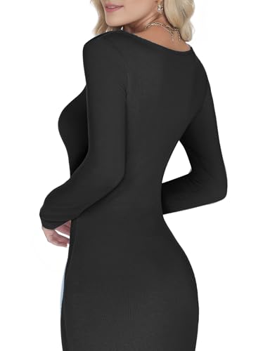Buauty Women's Bodycon Maxi Dresses, Ribbed Square Neck Long Dress, Fall Long Sleeve Lounge Dress for Women3